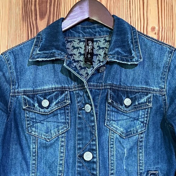 Aeropostale Pretty Little Liars Cropped Blue Denim Jacket Horse Print Lining - Picture 4 of 15